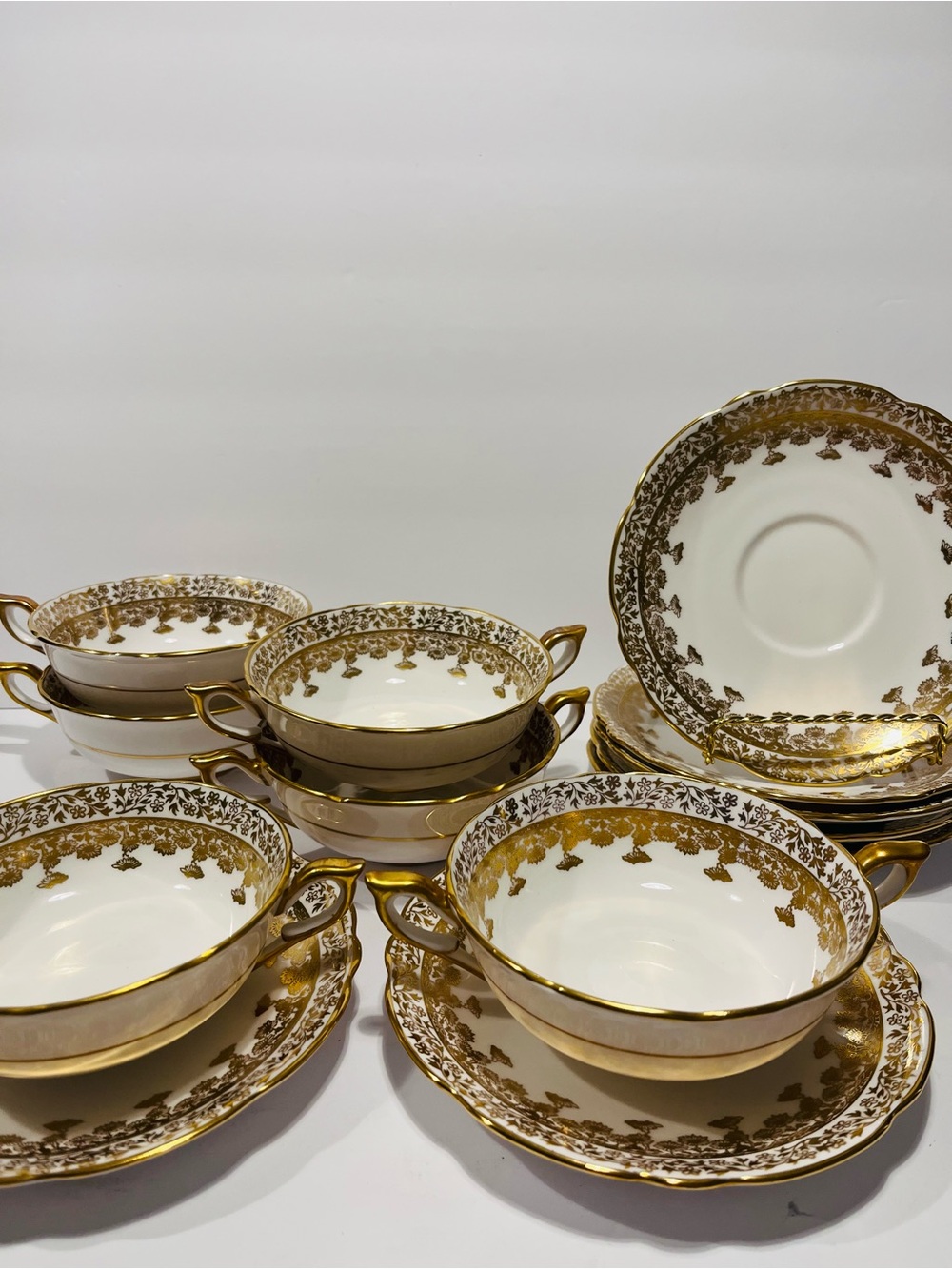 Vintage Royal Stafford Gold Regent Filigree Cream Soup Cups & Saucers Set of 6